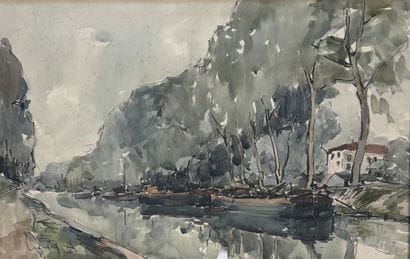Fernand HERBO (1905–1995)
Barges on the Canal
Watercolor,...