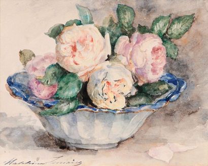 Madeleine LEMAIRE (1845-1925)
Coupe de pivoines.
Aquarelle,...