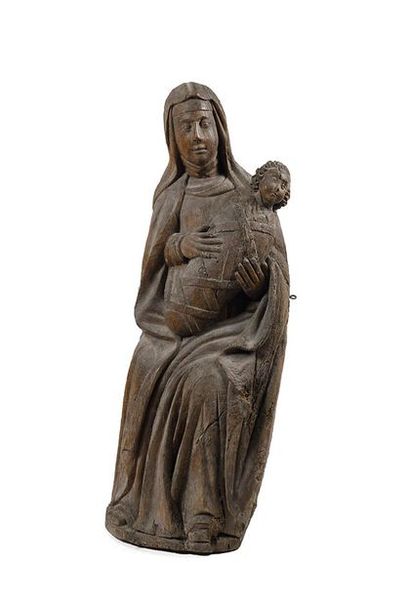 Statue en chêne sculpté: Vierge tenant l'enfant...
