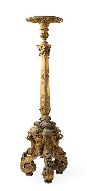 Importante torchère en bois sculpté et doré,...