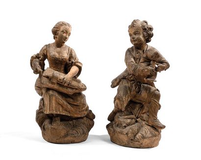 Paire de sculptures en terre cuite: Enfants...