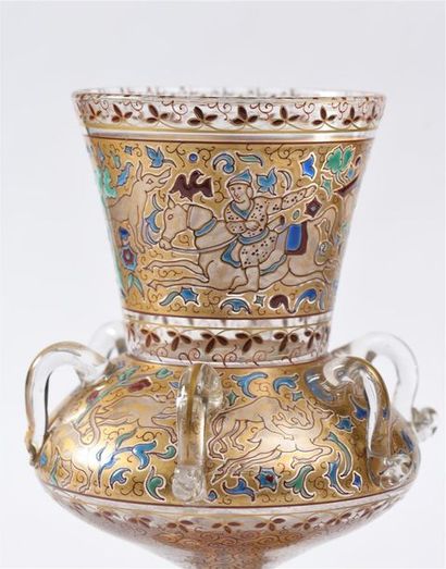 Vase lampe de mosquée en verre émaillé à...