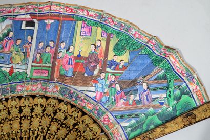 Eventail décoré en gouache de dignitaires...