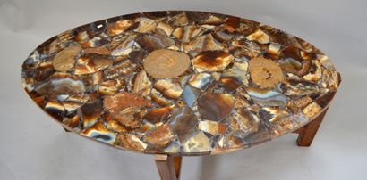Low table with oval top in agate and silicified...