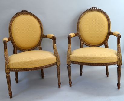 Pair of cabriolet armchairs in moulded, carved...