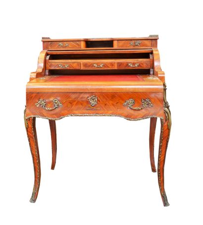 Cylinder desk in veneer with marquetry decoration...