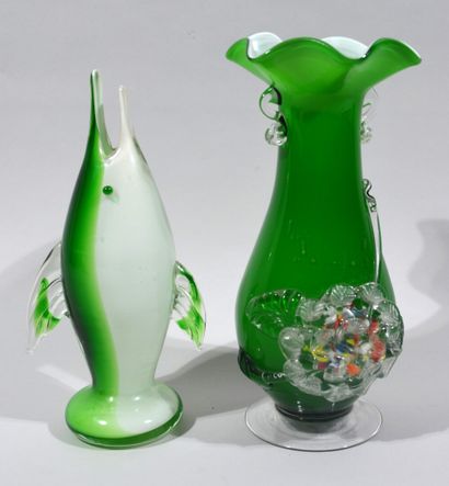 A green and white lined glass lot including...