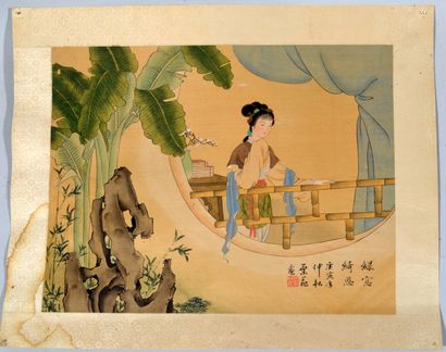 Collection of three paintings on silk of...