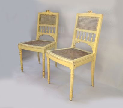 Pair of cream lacquered beechwood caned chairs...