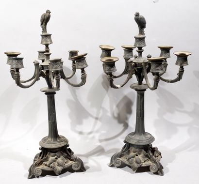 PAIR OF CANDELABRES in grey patina composition...