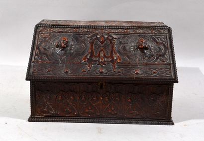 Small leather-covered wooden chest decorated...