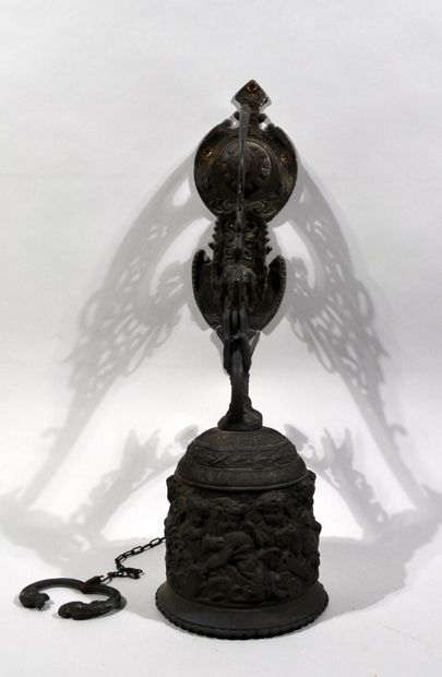 A MONASTERY BELL in bronze with putti and...