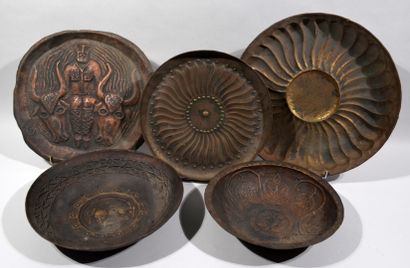 Set of 5 stamped copper and brass dishes...