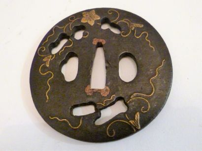 Marugata iron sukashi tsuba with gold hirazogan...