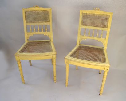 Pair of cream lacquered beechwood caned chairs...
