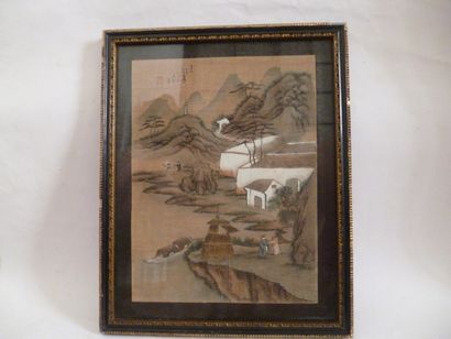 Painting on silk representing a lively landscape...
