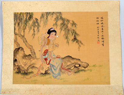Collection of three paintings on silk of...