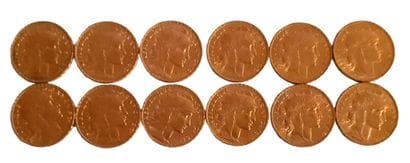 Réunion de 12 pièces de 20 Francs en or Coq...