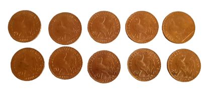Réunion de 10 pièces de 20 Francs en or Coq...