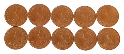 Réunion de 10 pièces de 20 Francs en or Coq...