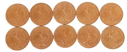Réunion de 10 pièces de 20 Francs en or Coq...