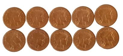 Réunion de 10 pièces de 20 Francs en or Coq...