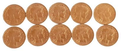 Réunion de 10 pièces de 20 Francs en or Coq...