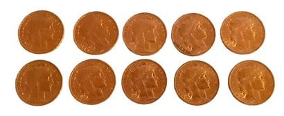 Réunion de 10 pièces de 20 Francs en or Coq...