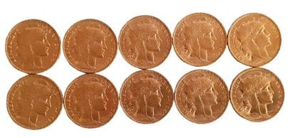 Réunion de 10 pièces de 20 Francs en or Coq...