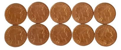 Réunion de 10 pièces de 20 Francs en or Coq...
