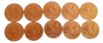 Réunion de 10 pièces de 20 Francs en or Coq...