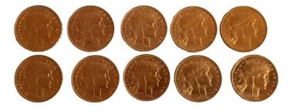 Réunion de 10 pièces de 20 Francs en or Coq...
