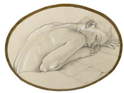 Reproduction encadrée de forme ovale à décor...