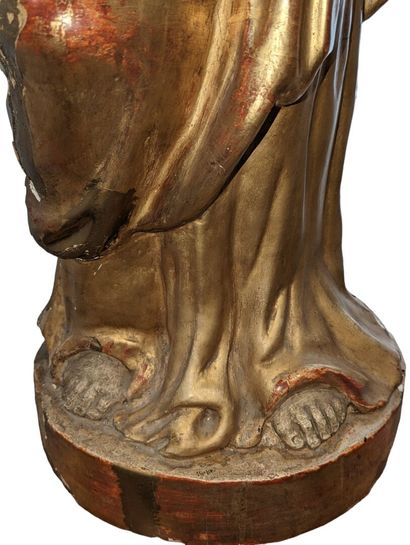 Vierge à l'Enfant en résineux sculpté, stuqué...