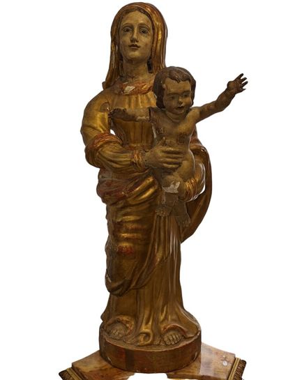 Vierge à l'Enfant en résineux sculpté, stuqué...