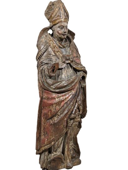 Saint Évêque en bois patiné polychrome et...