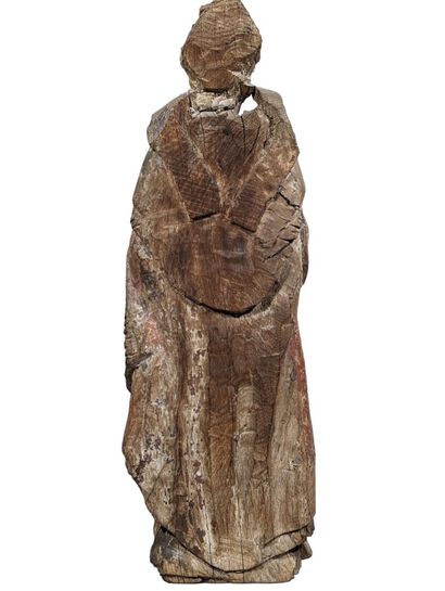Saint Évêque en bois patiné polychrome et...