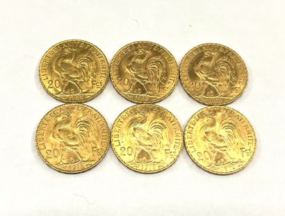 6 pièces de 20 Francs or au Coq de Champlain...