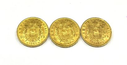 3 pièces de 20 Francs en or Napoléon III...