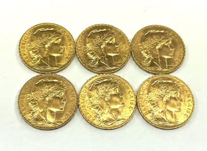 6 pièces de 20 Francs or au Coq de Champlain...