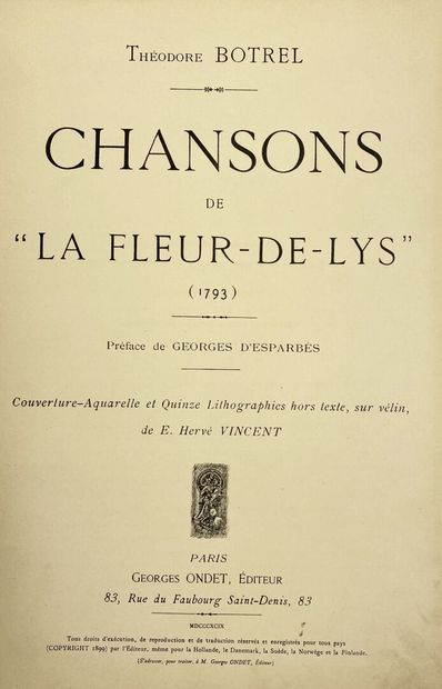 BOTREL (Théodore)
Chansons de «La fleur-de-lys»
Couverture-aquarellé...