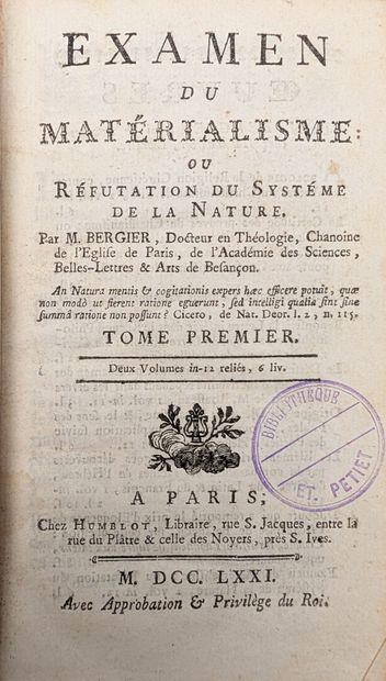 BERGIER (Nicolas), Examen du matérialisme...
