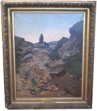 Louis LE POITEVIN « Berger et moutons » HST...