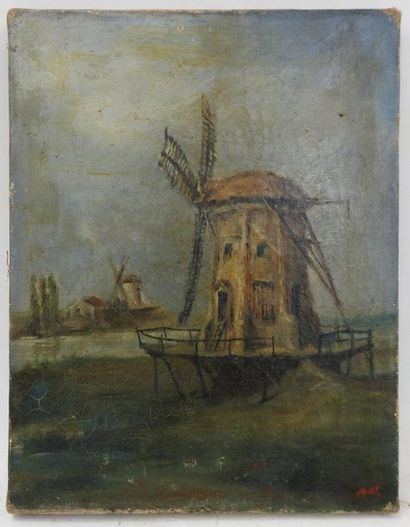 Ecole du XIXème siècle : Le moulin. Huile...