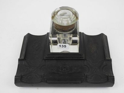 ENCRIER en verre, support en bois de fer,...