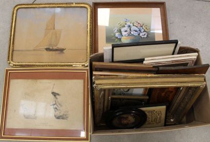 Lot encadrés dont aquarelle « fleur et bateau »,...