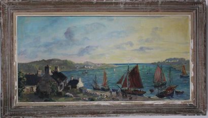 Geo Labonne (XXème ) : Vue d'un port, huile...