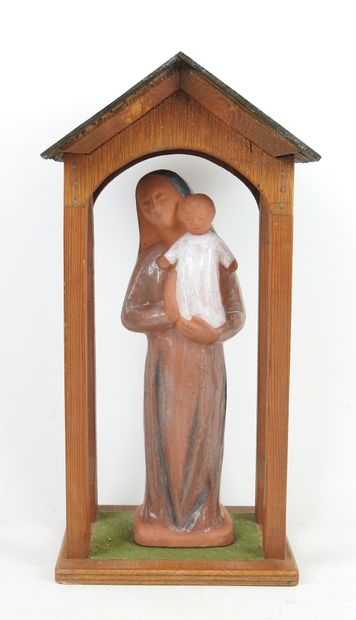 VIERGE à l'enfant en terre cuite vernissée,...