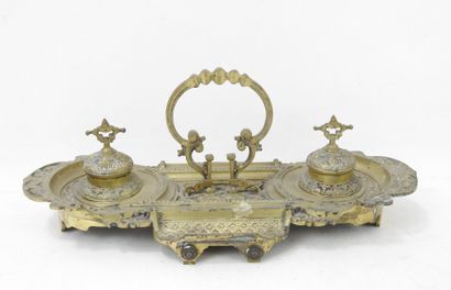 ENCRIER en bronze à deux réservoirs en verre....