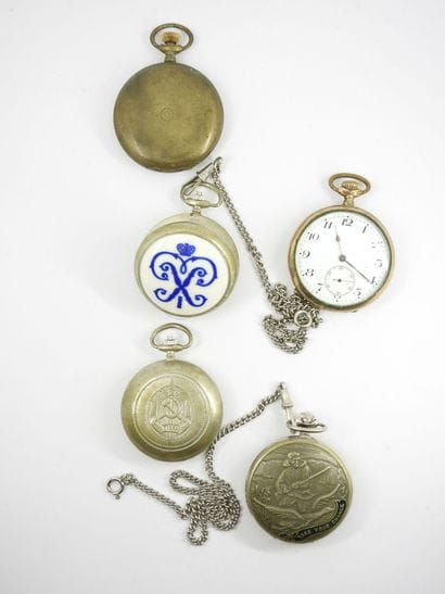 FOUR metal pocket watches, one gold-plated...